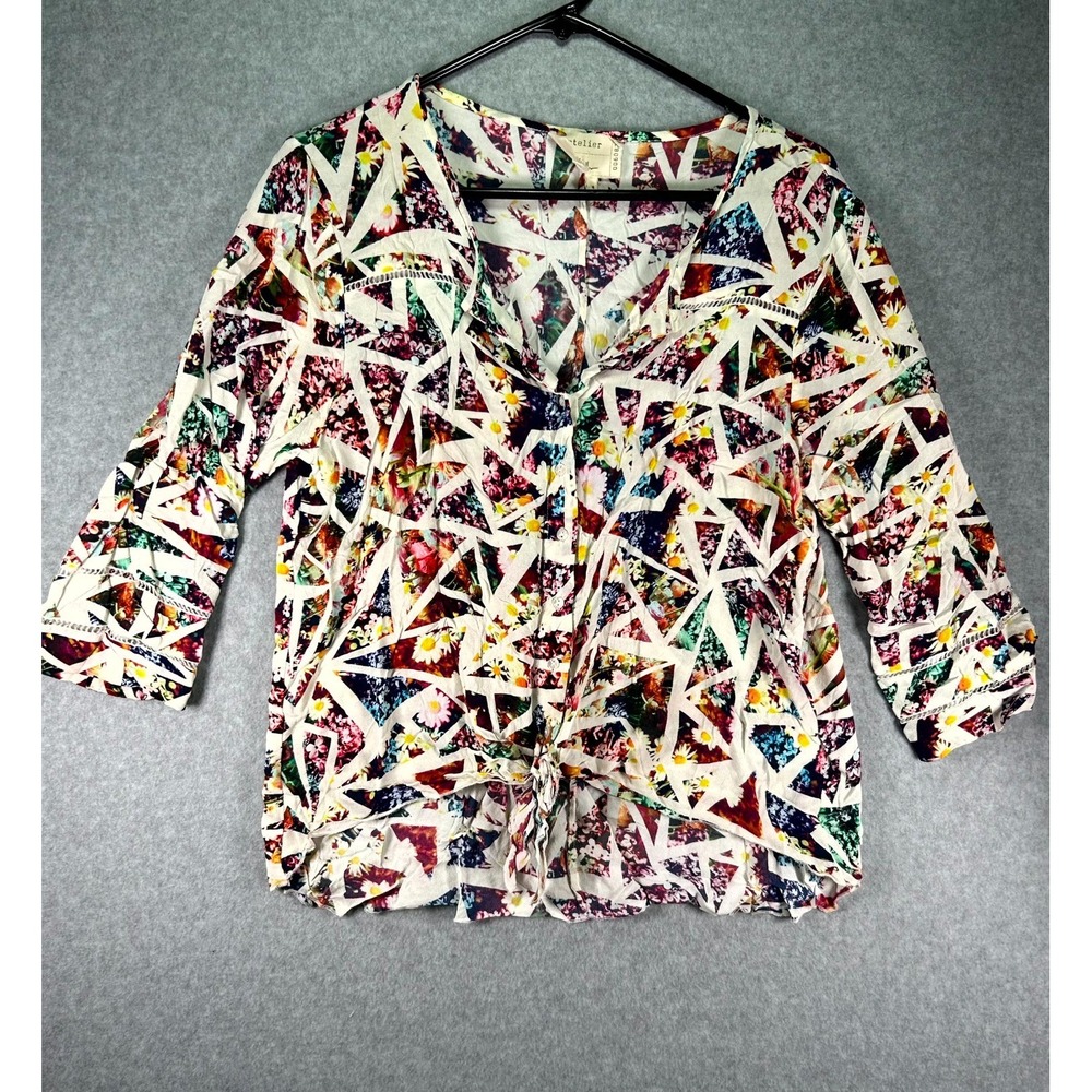 Nicole Miller Artelier Shirt Top Women's M Multicolor Geometric Print Tie Front
